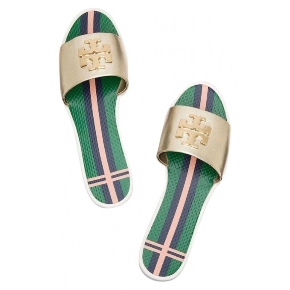 Tory Burch Gold Slides with Green and Pink Accents
